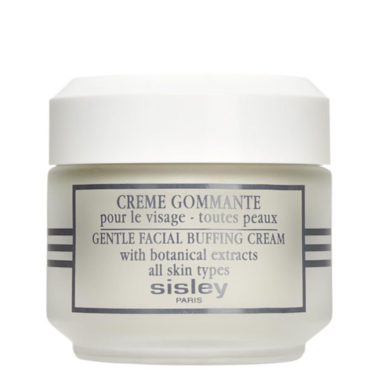Weißes Tiegel mit Deckel. Etikett mit Text: Creme Gommante pour le visage, Gentle Facial Buffing Cream, Sisley Paris.