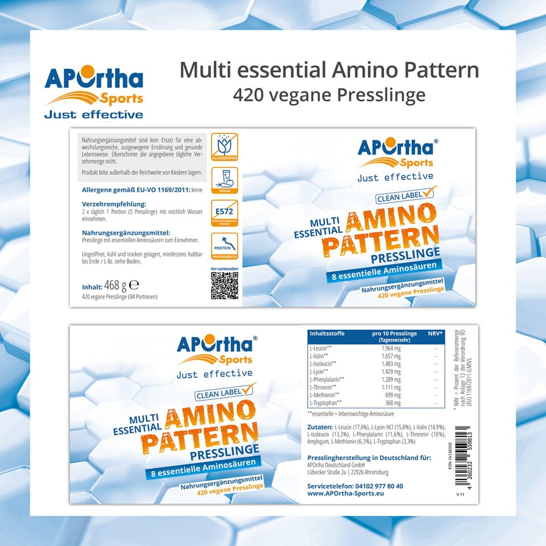 Zwei Etiketten von APOrtha Sports Amino Pattern Presslinge. Informationen zu Inhaltsstoffen, Nährwerten und Hersteller. Dose und Tabletten abgebildet.