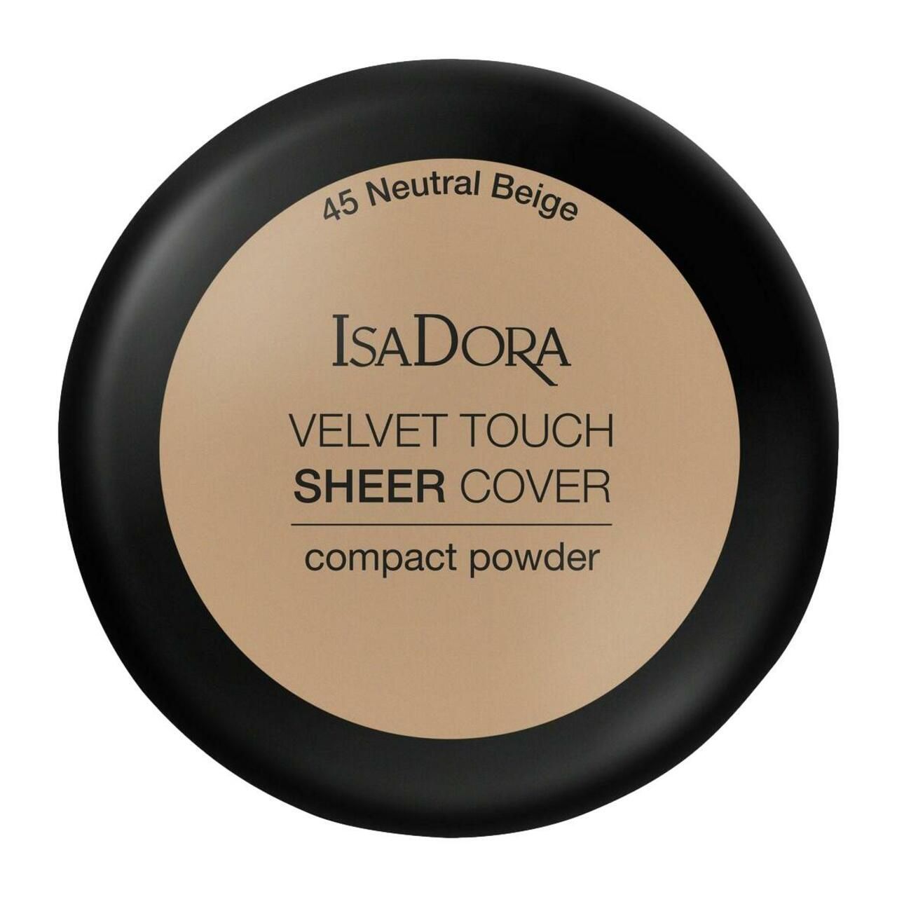 Kompaktpuder, Marke: IsaDora. Text: Velvet Touch Sheer Cover Compact Powder. Farbton: 45 Neutral Beige. Schwarzer Behälter.