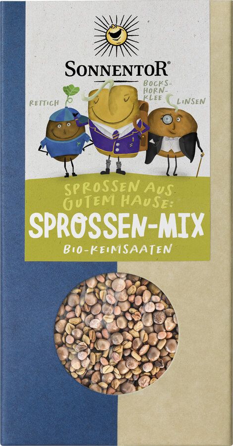 Sonnentor Sprossen-Mix Packung. Sichtfenster mit Sprossen. Logo und Illustrationen von Gemüsefiguren. Text: Sprossen-Mix, Bio-Keimsaaten.