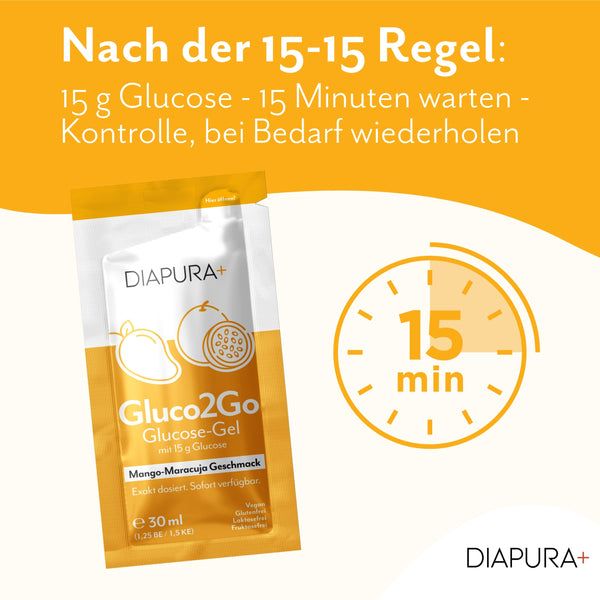 DIAPURA Gluco2Go Glucose-Gel bei Unterzuckerung (12 x 30 ml), Mango-Maracuja-Geschmack