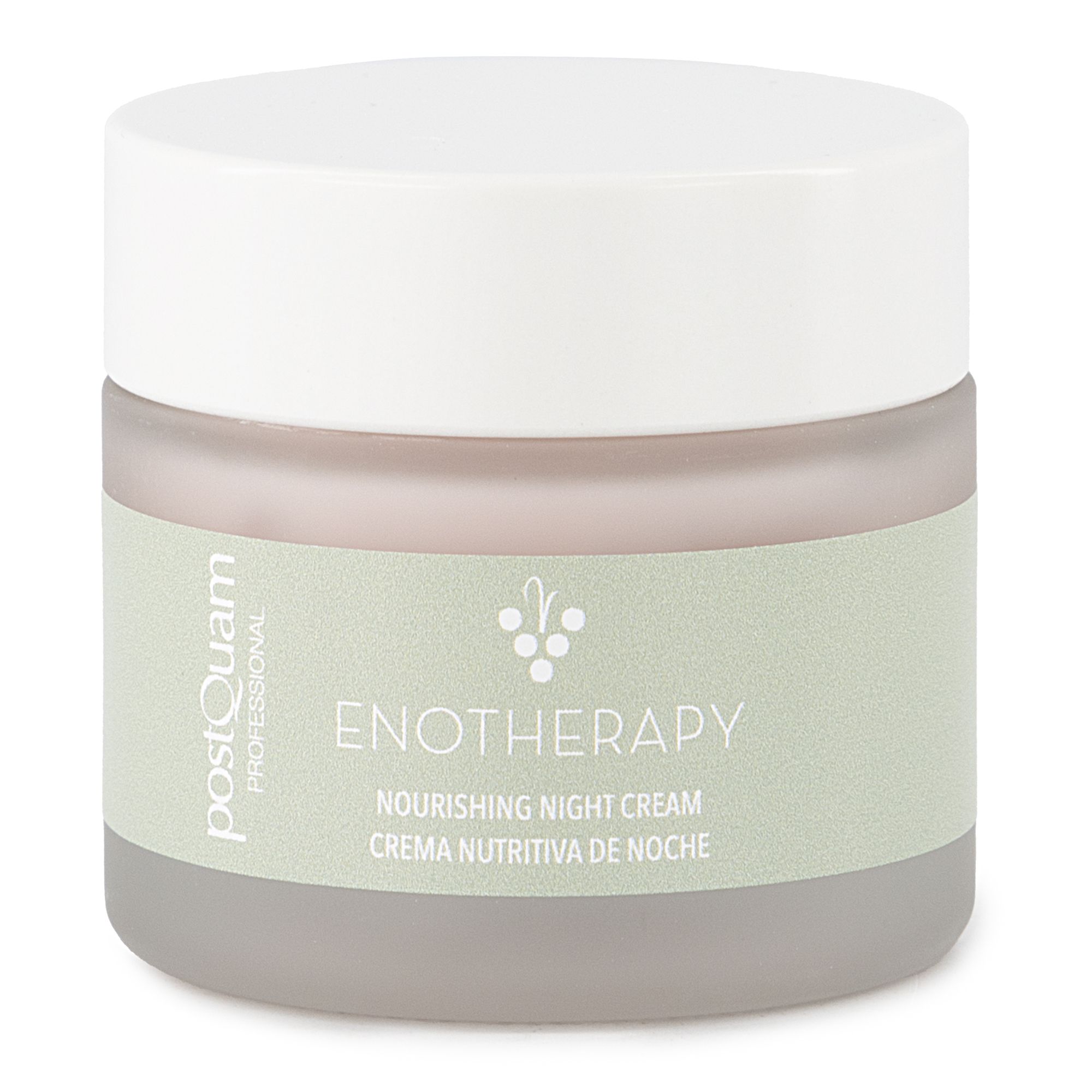 Creme-Tiegel mit weißem Deckel. Aufschrift: Postquam, Enotherapy, Nourishing Night Cream. Grün-weißes Design.