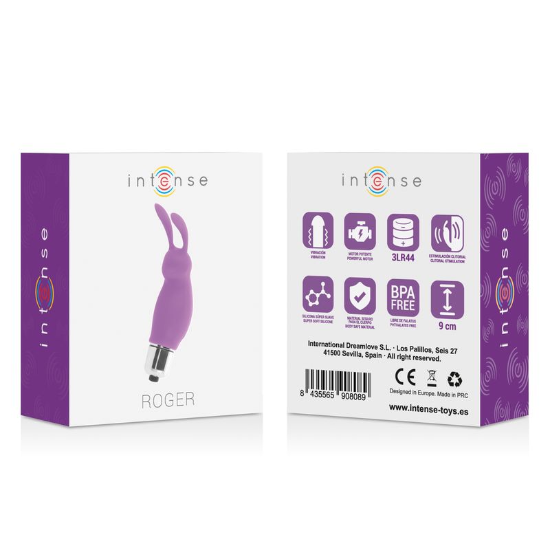 Weiße Verpackung mit lila Vibrator-Abbildung. Auf der Verpackung steht "Intense" und "Roger".