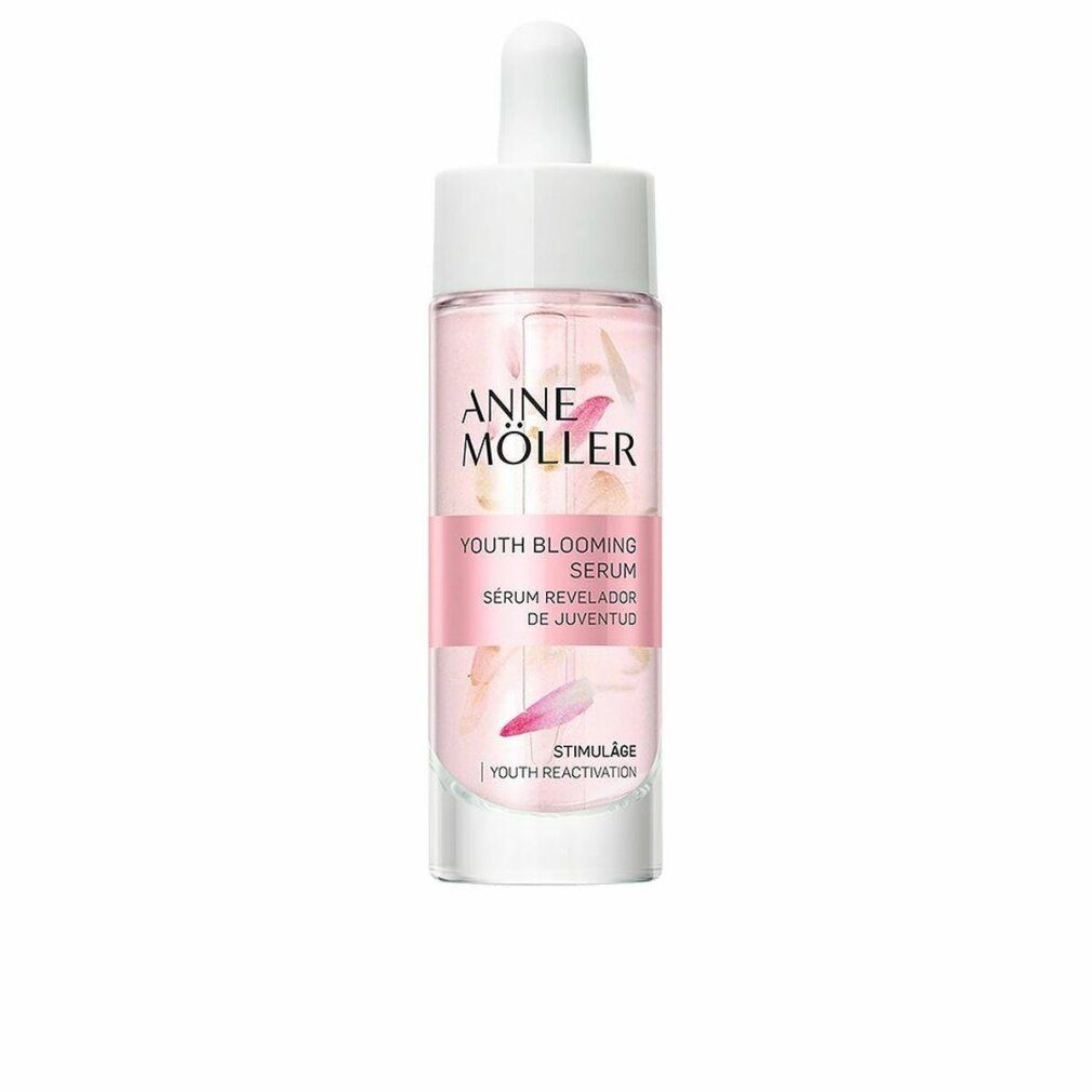 Serumflasche mit weißem Deckel und Pipette. Rosa Flüssigkeit mit Blütenblättern. Text: Anne Möller, Youth Blooming Serum, Stimulâge.