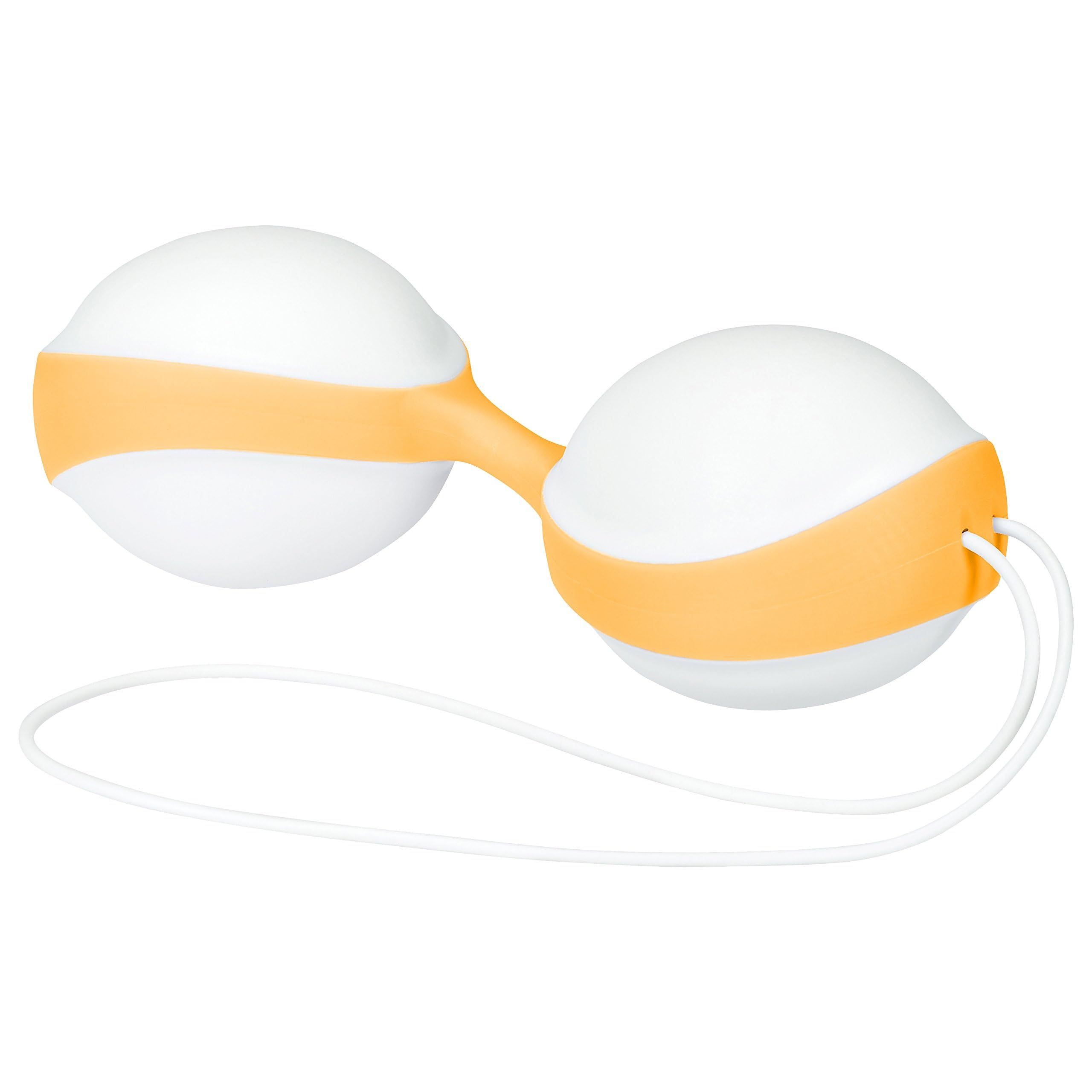 Duo-Ball-Beckenbodentrainer in Weiß und Orange, mit Text und Grafiken.