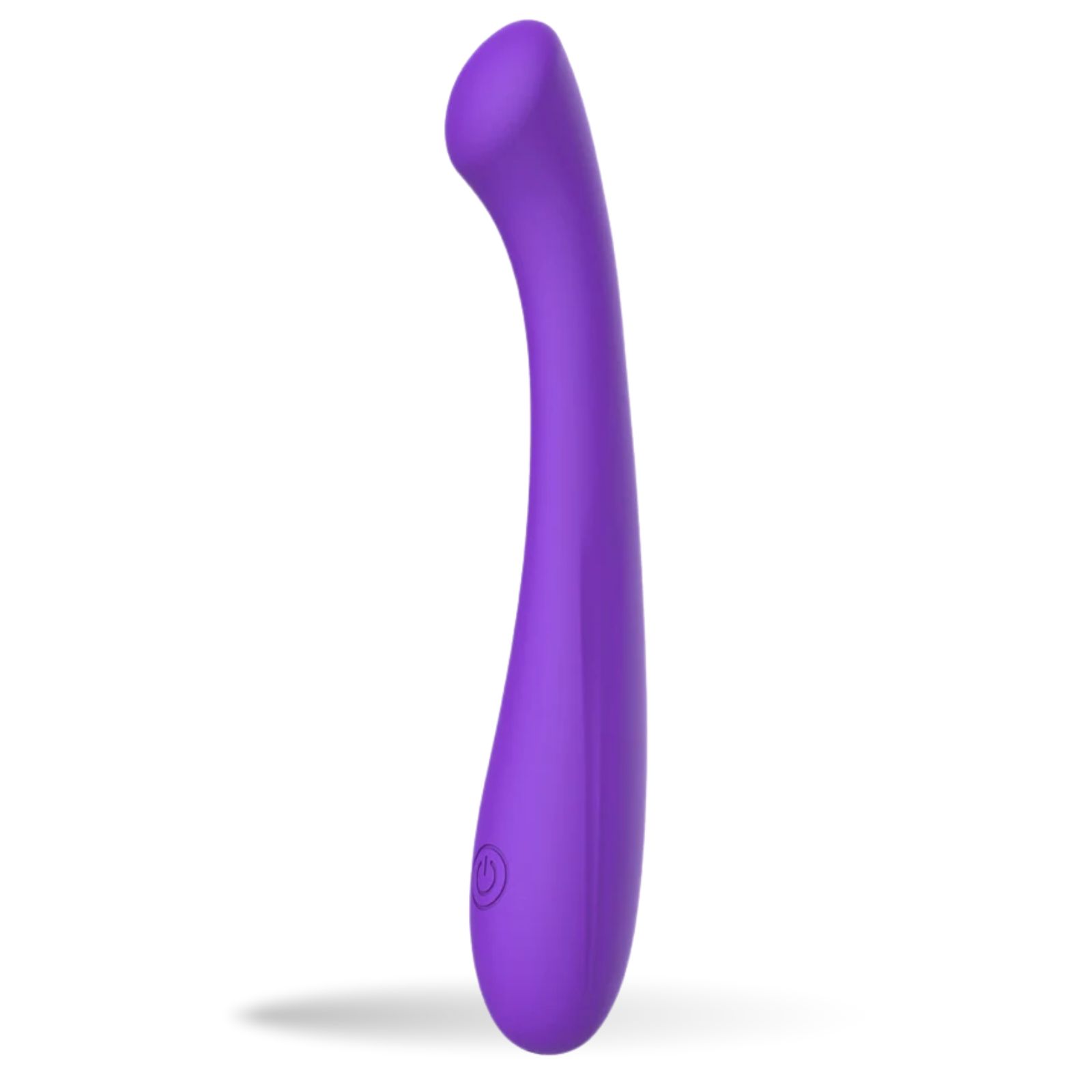 Lila Vibrator. Geschwungene Form mit abgerundeter Spitze. Ein/Aus-Taste. 