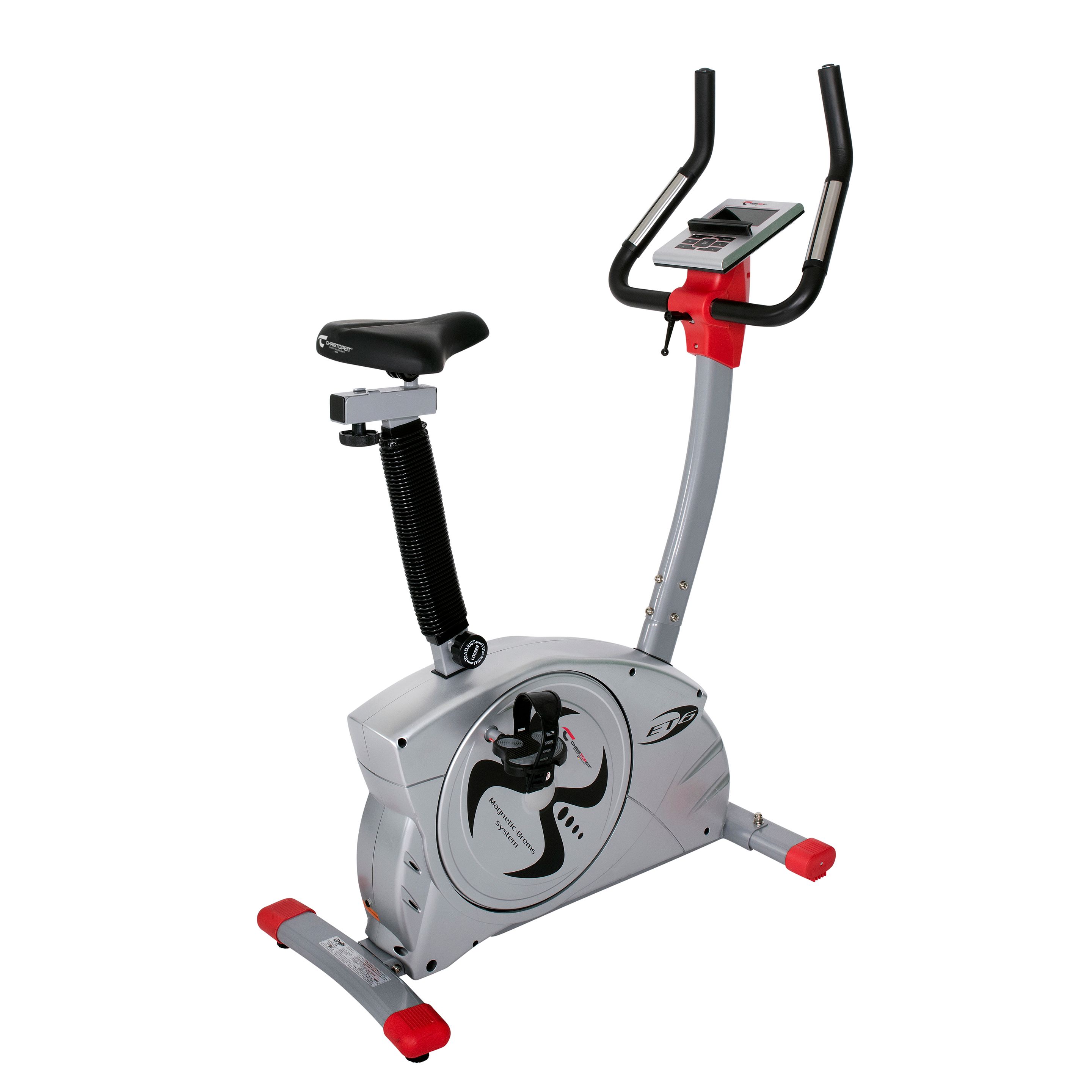 Ergometer ET 6. Silberfarbenes Fitnessgerät mit roter Akzentfarbe. Lenker, Sattel und Pedale sichtbar. Digitalanzeige.
