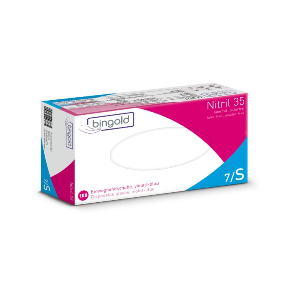 Verpackung von Bingold Nitril 35 Einweghandschuhen. Die Schachtel ist weiß, pink und blau. Aufgedruckt sind Produktname, Größe und Marke.