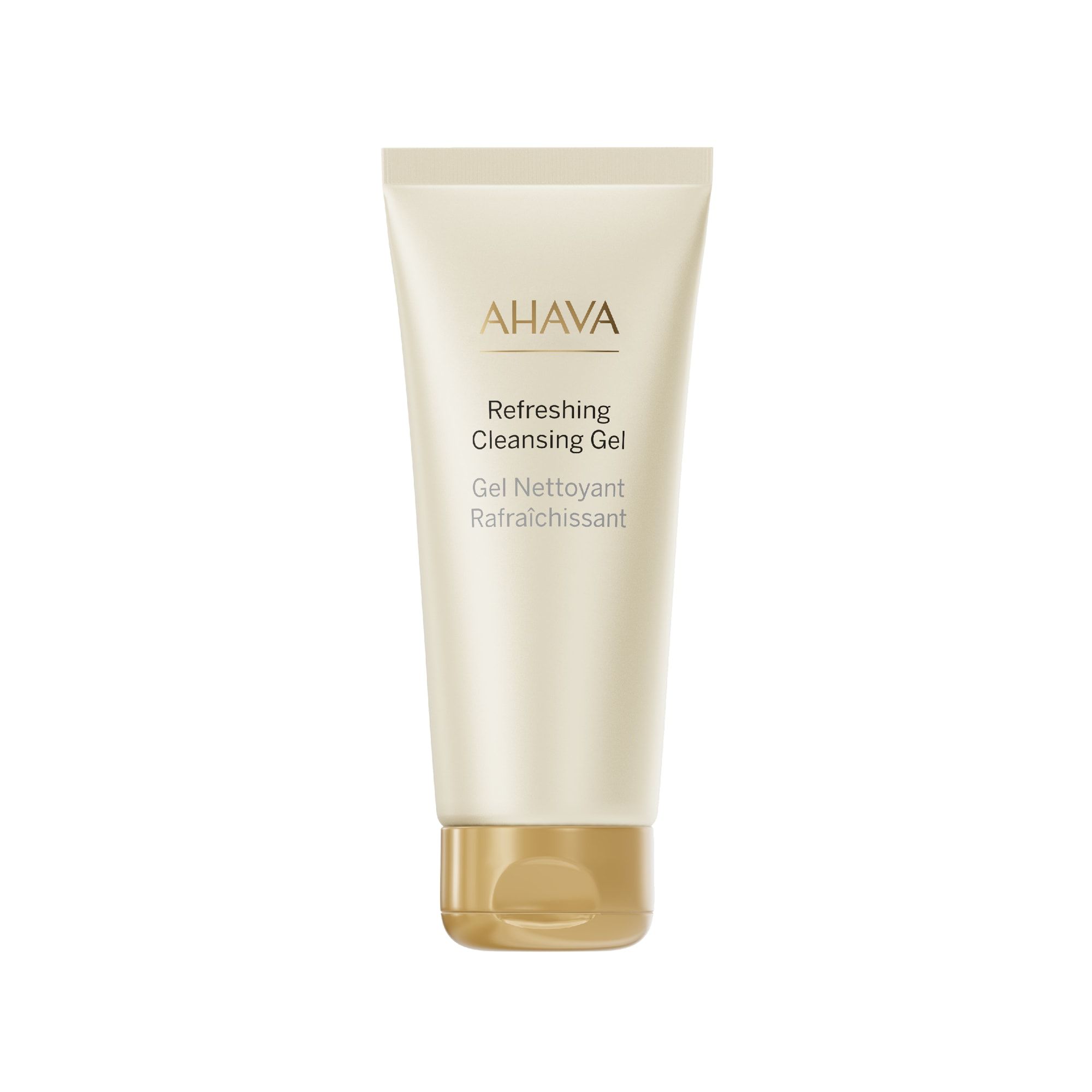 AHAVA Erfrischendes Reinigungsgel in einer cremefarbenen Tube mit goldfarbenem Verschluss.
