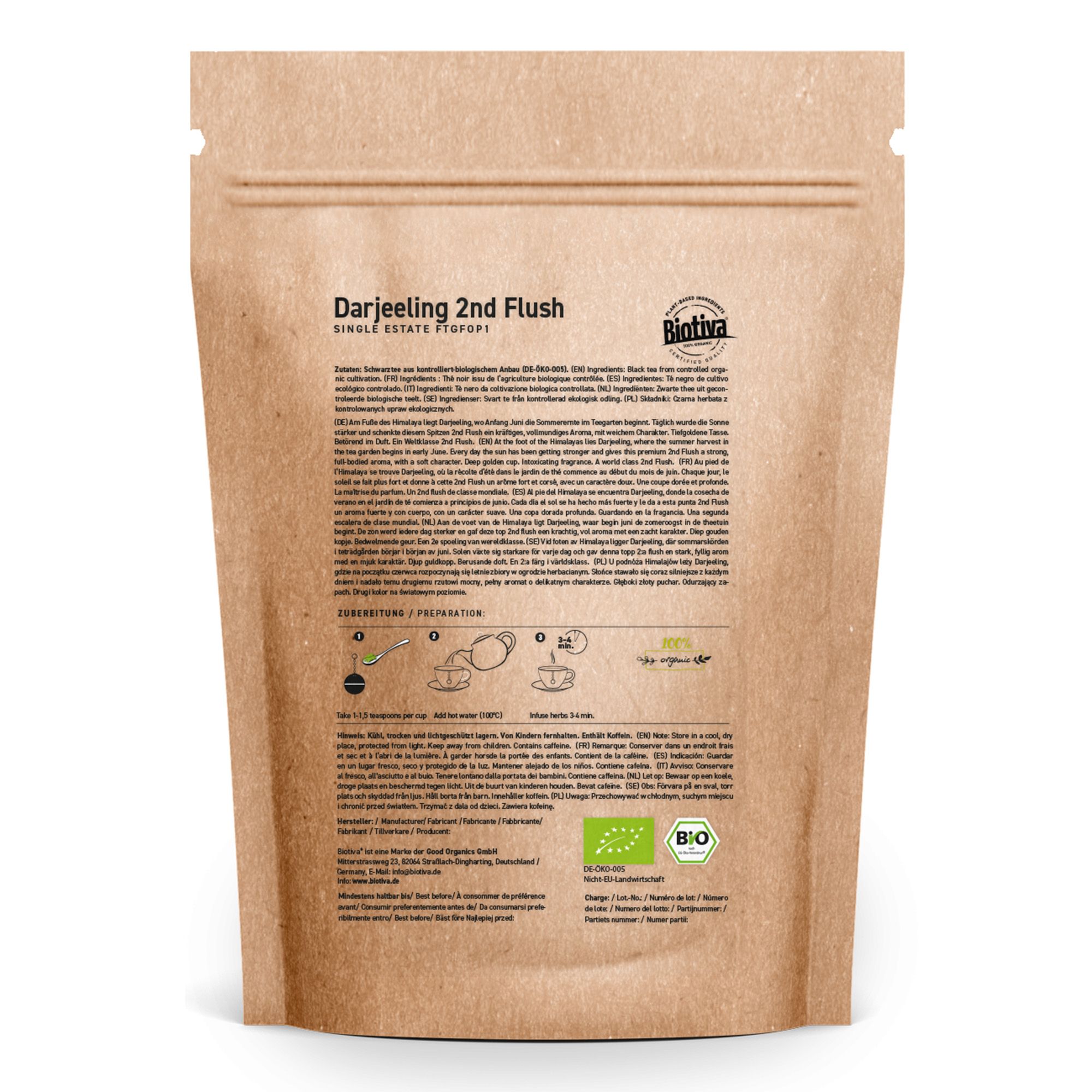 Rückseite der Biotiva Darjeeling Second Flush Tee Verpackung. Text mit Produktinformationen und Zubereitungshinweisen. Bio-Siegel.
