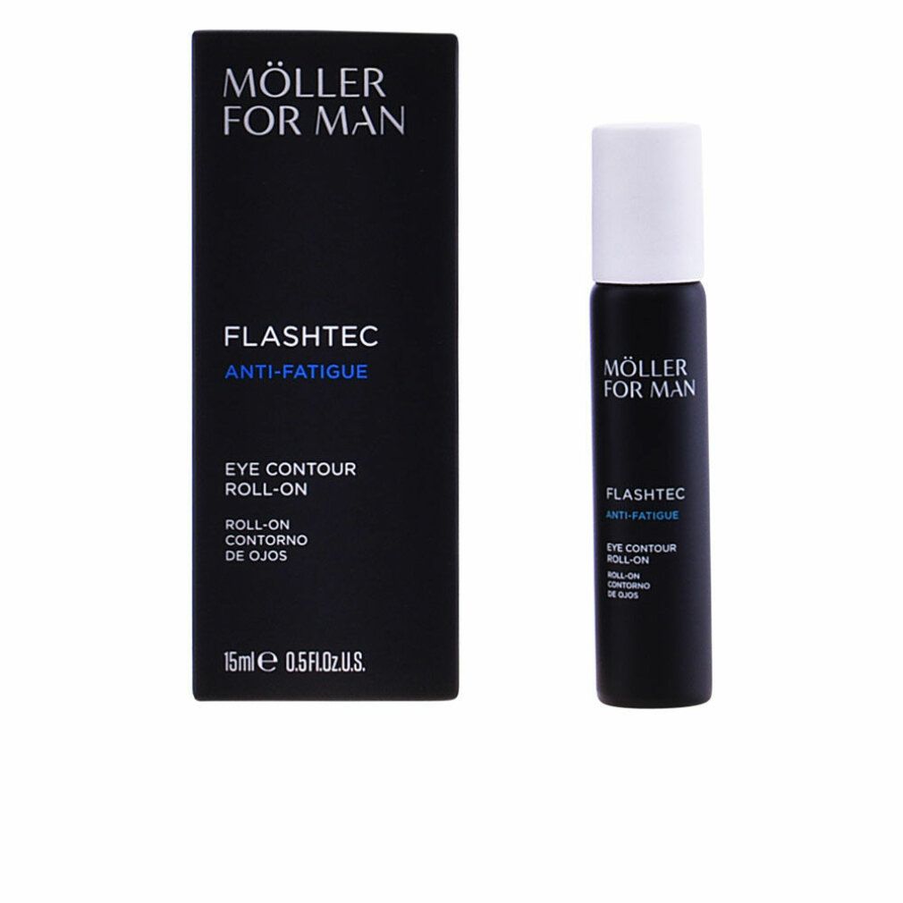 Schwarze Flasche mit weißem Deckel. Text: Möller For Man, Flashtec Anti-Fatigue Eye Contour Roll-On. 15ml.