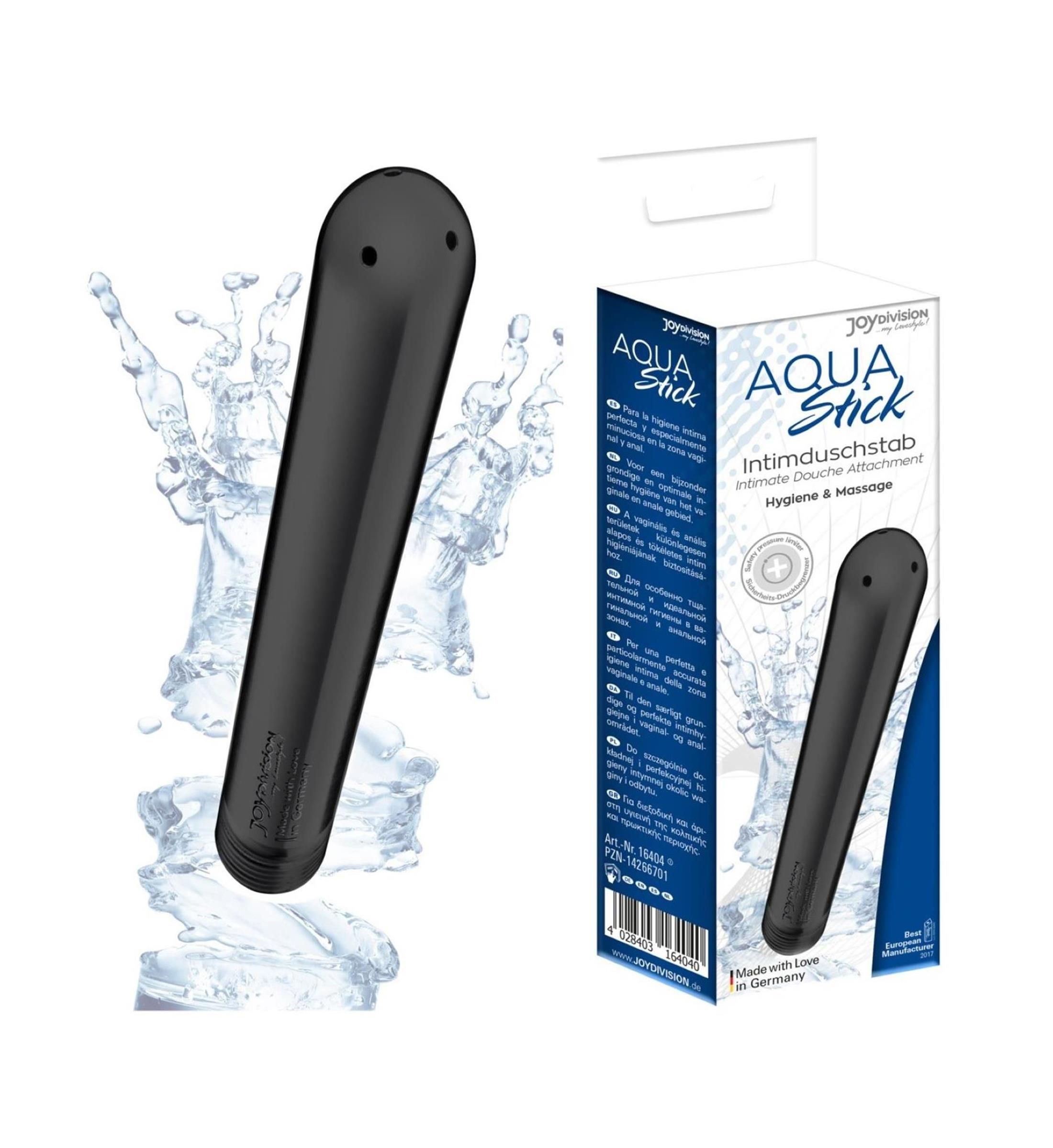 Schwarzer Intimduschstab neben Verpackung. Aufschrift: Aqua Stick, Intimduschstab, Hygiene & Massage. Marke JOYDIVISION.