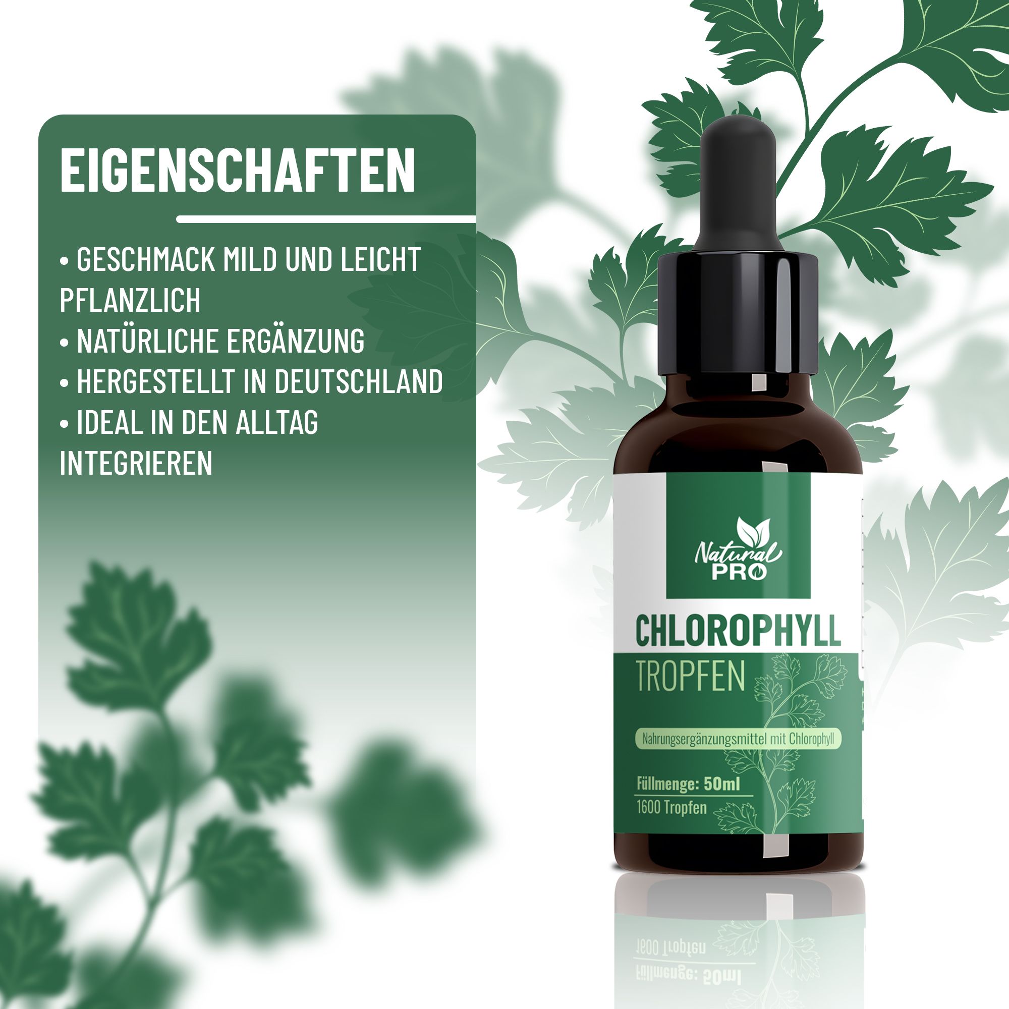 Braune Glasflasche mit Tropfer. Etikett "Natural Pro | Chlorophyll Tropfen". Eigenschaften: mild, pflanzlich, hergestellt in Deutschland.