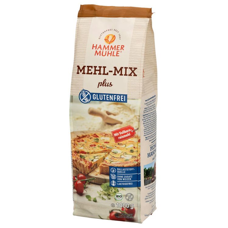 Verpackung von Mehl-Mix Plus. Aufschrift: Glutenfrei, Bio, 1000g. Abbildung von Kuchen.