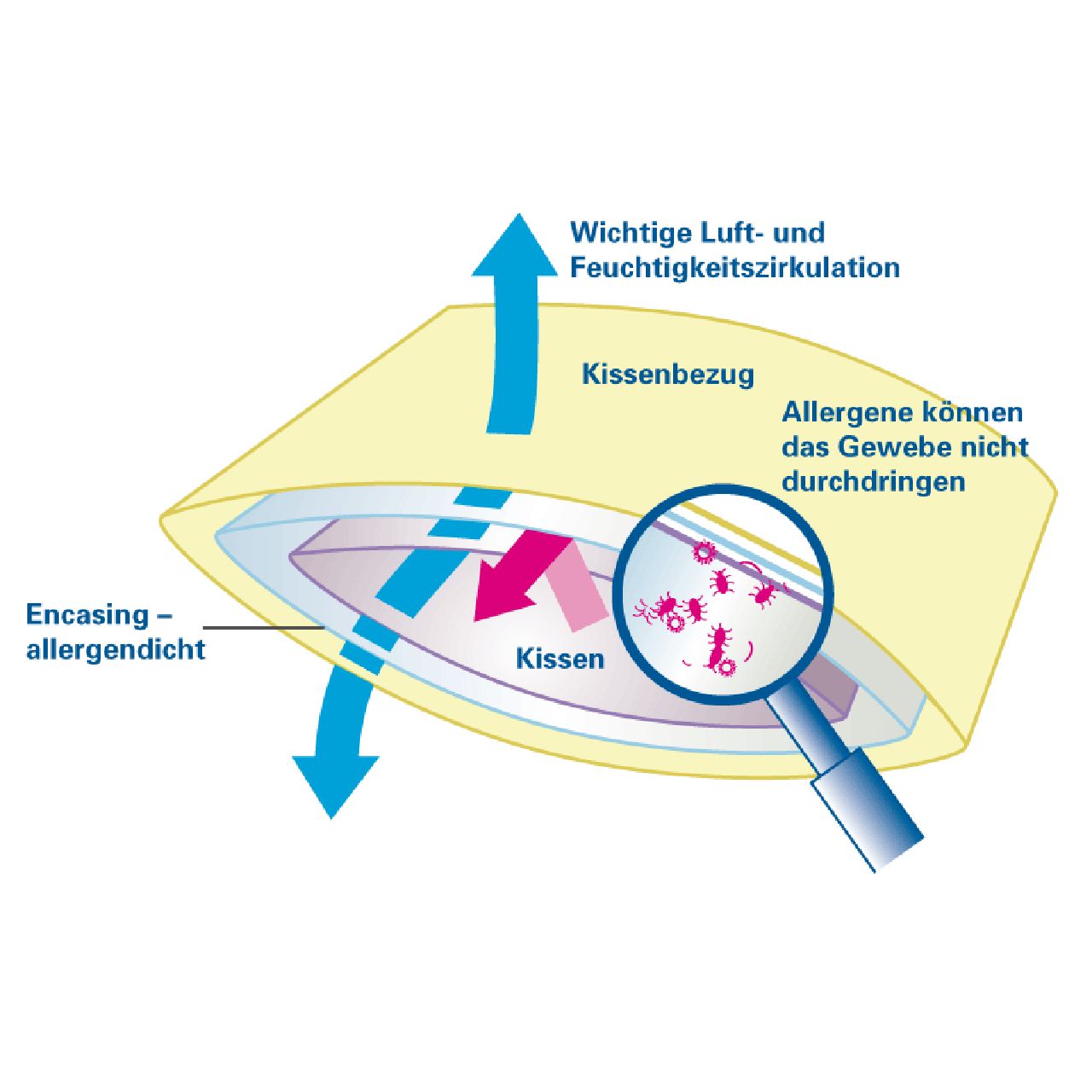 Schematische Darstellung eines Kissens mit Pfeilen, die Luftzirkulation und Allergendichtigkeit zeigen.