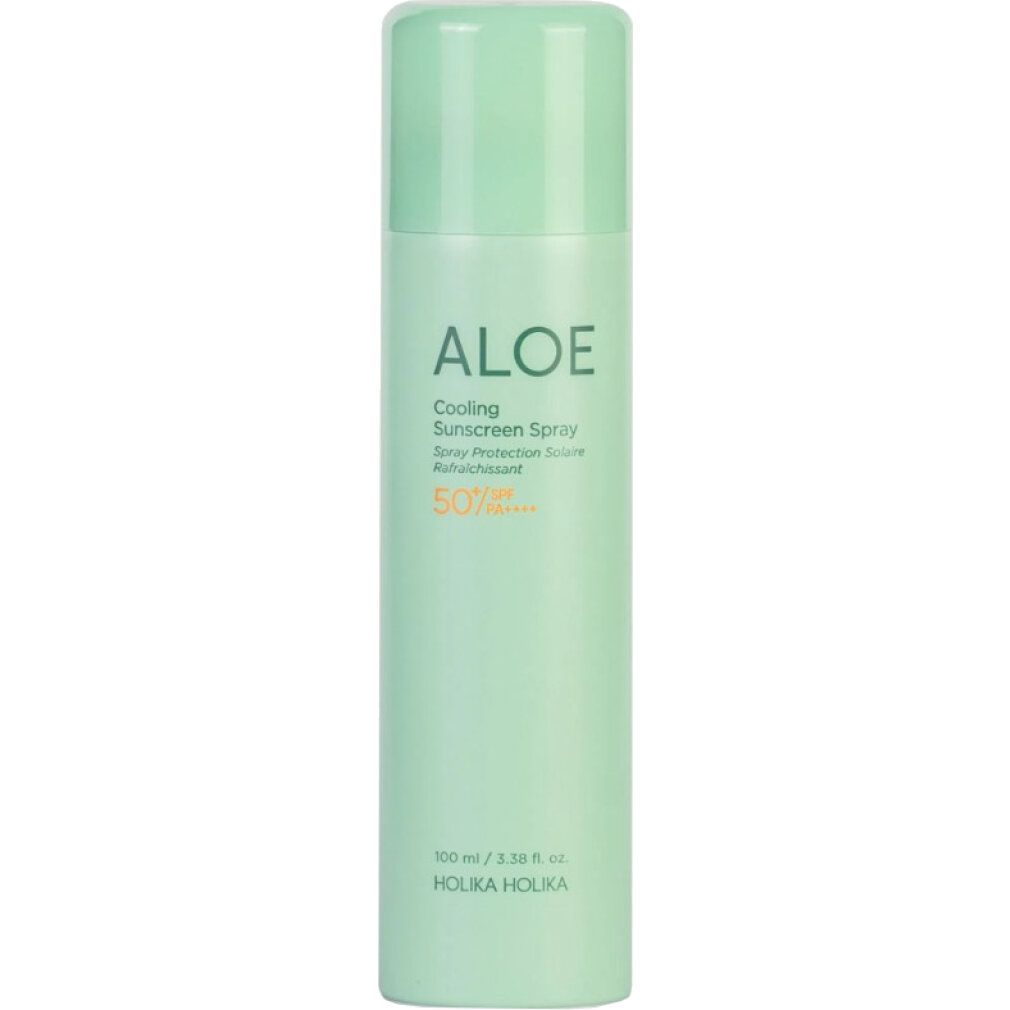 Holika Holika Aloe Cooling Sunscreen Spray mit LSF 50+ in hellgrüner Dose.