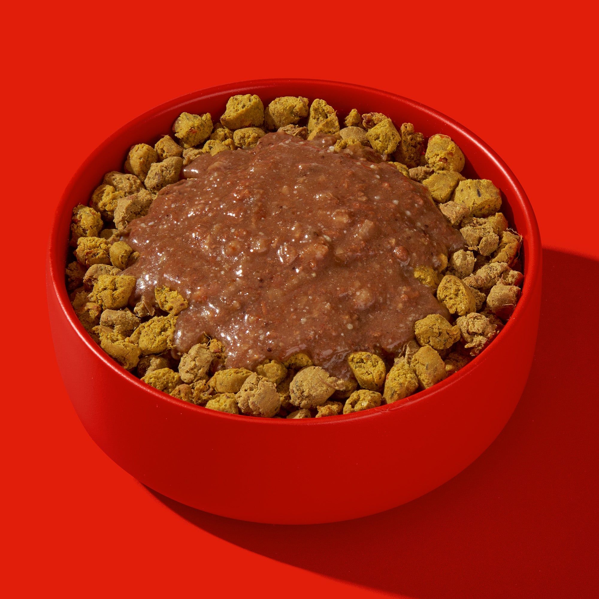 Rote Schüssel mit Futter. Obenauf braunes Futter, umgeben von gelb-grünen Kroketten. Roter Hintergrund.