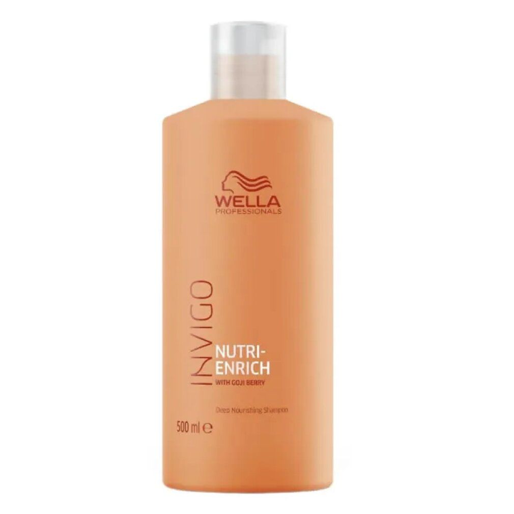 Orangefarbene Shampoo-Flasche mit weißem Deckel. Aufschrift: Invigo Nutri-Enrich, Wella Professionals, mit Goji-Beere. 500 ml.