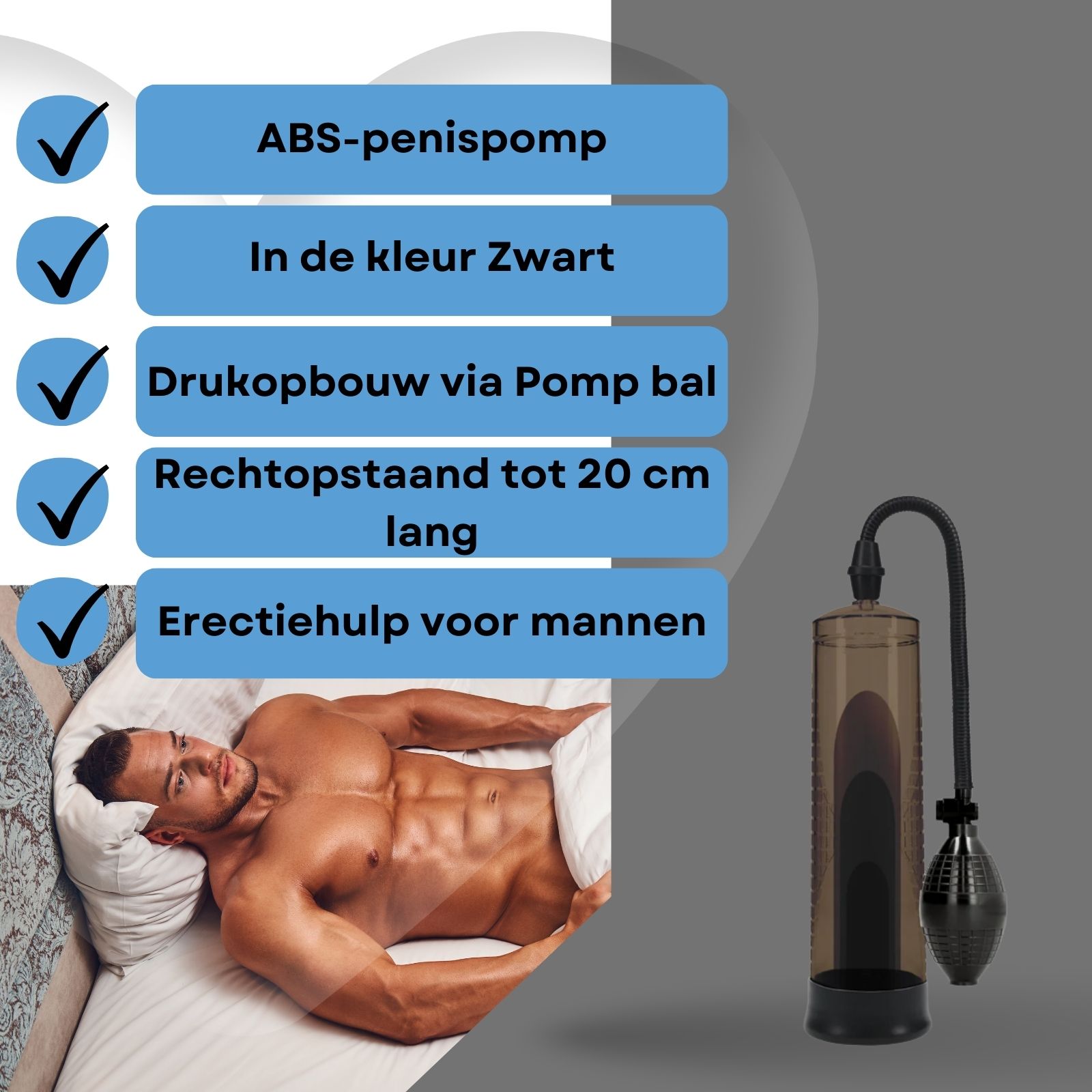 Afbeelding met tekst: ABS-penispomp, zwart, druk via pompbal, tot 20 cm, erectiehulp.