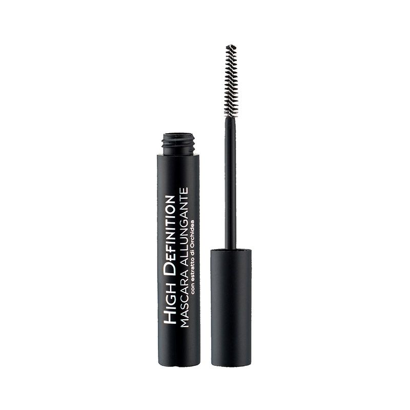 Tubo di mascara nero con testo HIGH DEFINITION Mascara allungante. Spazzola con setole. Tappo accanto.