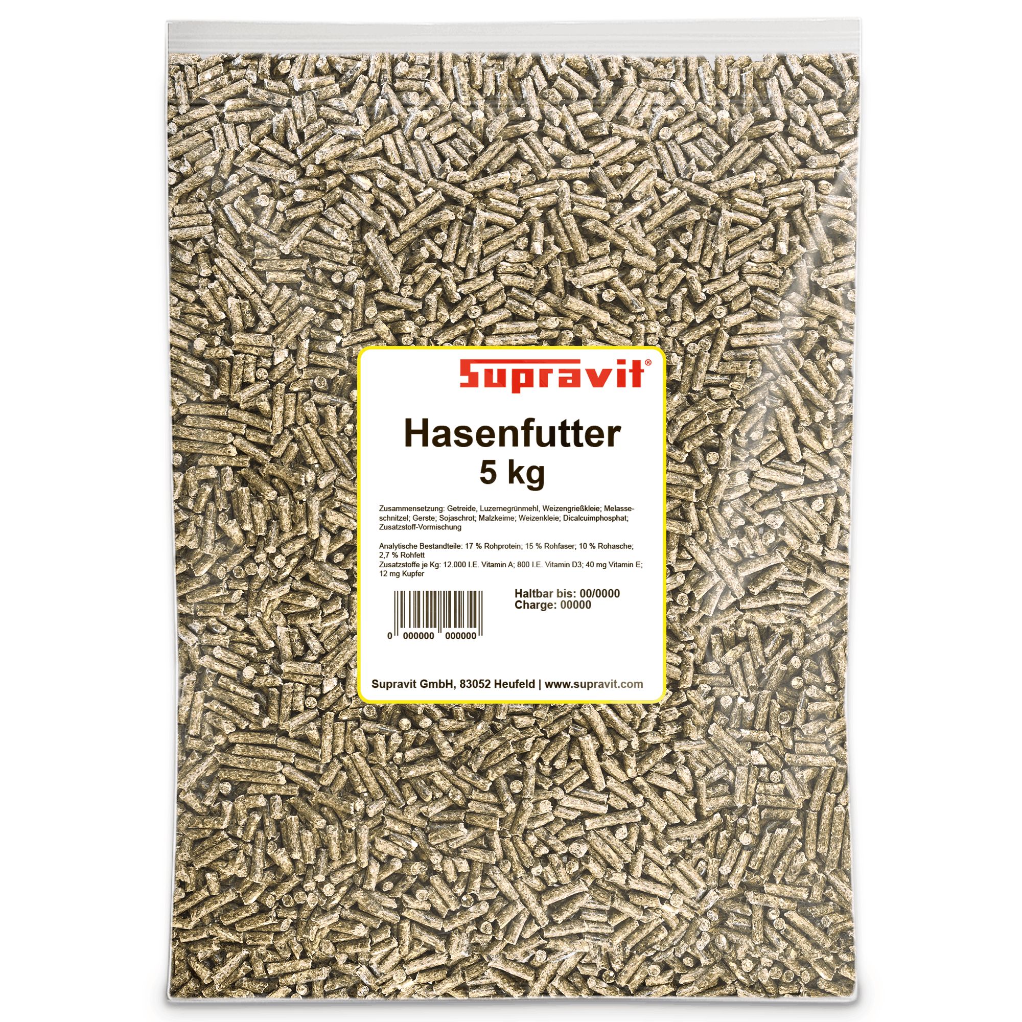 Transparente Verpackung mit Pellets. Text: Supravit Hasenfutter 5 kg. Enthält Nährwertangaben und Chargennummer.