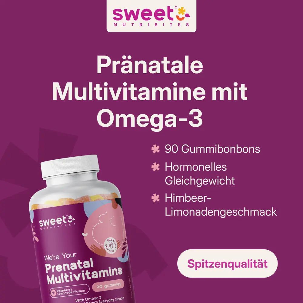 Flasche mit Prenatal Multivitamins. Text: 90 Gummibonbons, hormonelles Gleichgewicht, Himbeer-Limonaden-Geschmack. Text: Spitzenqualität.
