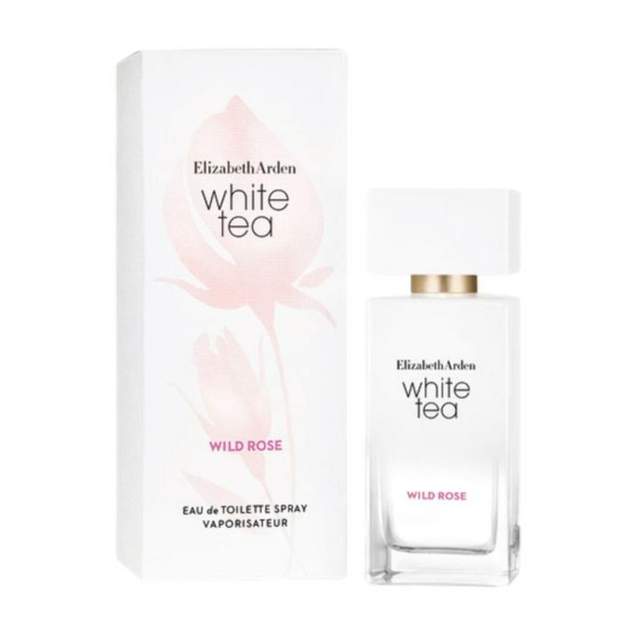 Elizabeth Arden White Tea Wild Rose EdT Vapo. Rechteckiger Flakon und Verpackung. Weiß, mit floralem Design und Schriftzug.