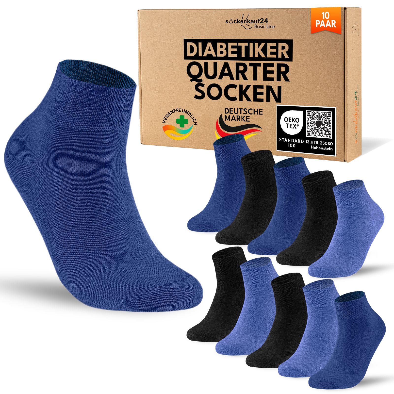 Diabetiker Quarter Socken mit Komfortbund ohne Gummi & Naht für Damen und Herren 10 Pk