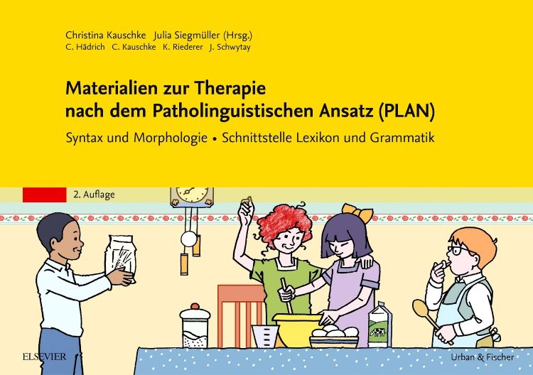 Buchcover mit Titel: Materialien zur Therapie nach dem Patholinguistischen Ansatz (PLAN). Illustration von Kindern beim Kochen.