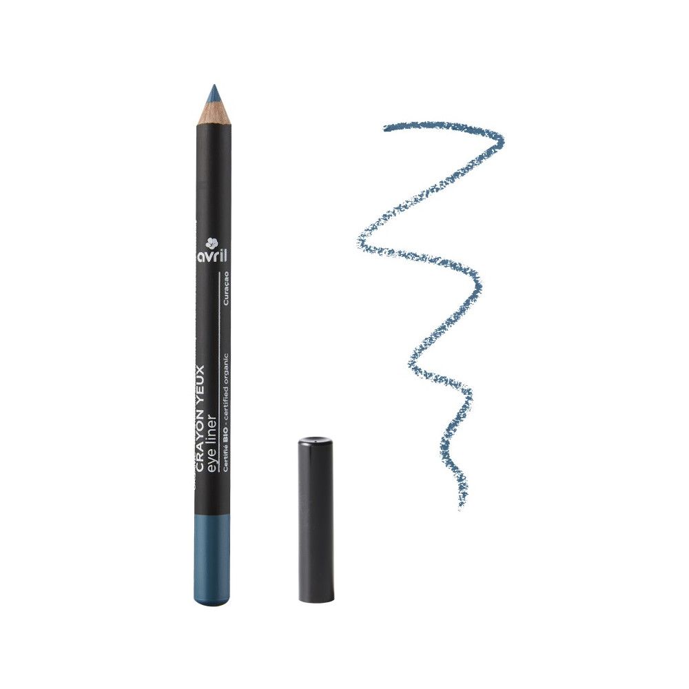 Blauer Augenstift mit schwarzer Hülse und Strichprobe. Aufschrift: Crayon Yeux eye liner, Avril, certifié organic.