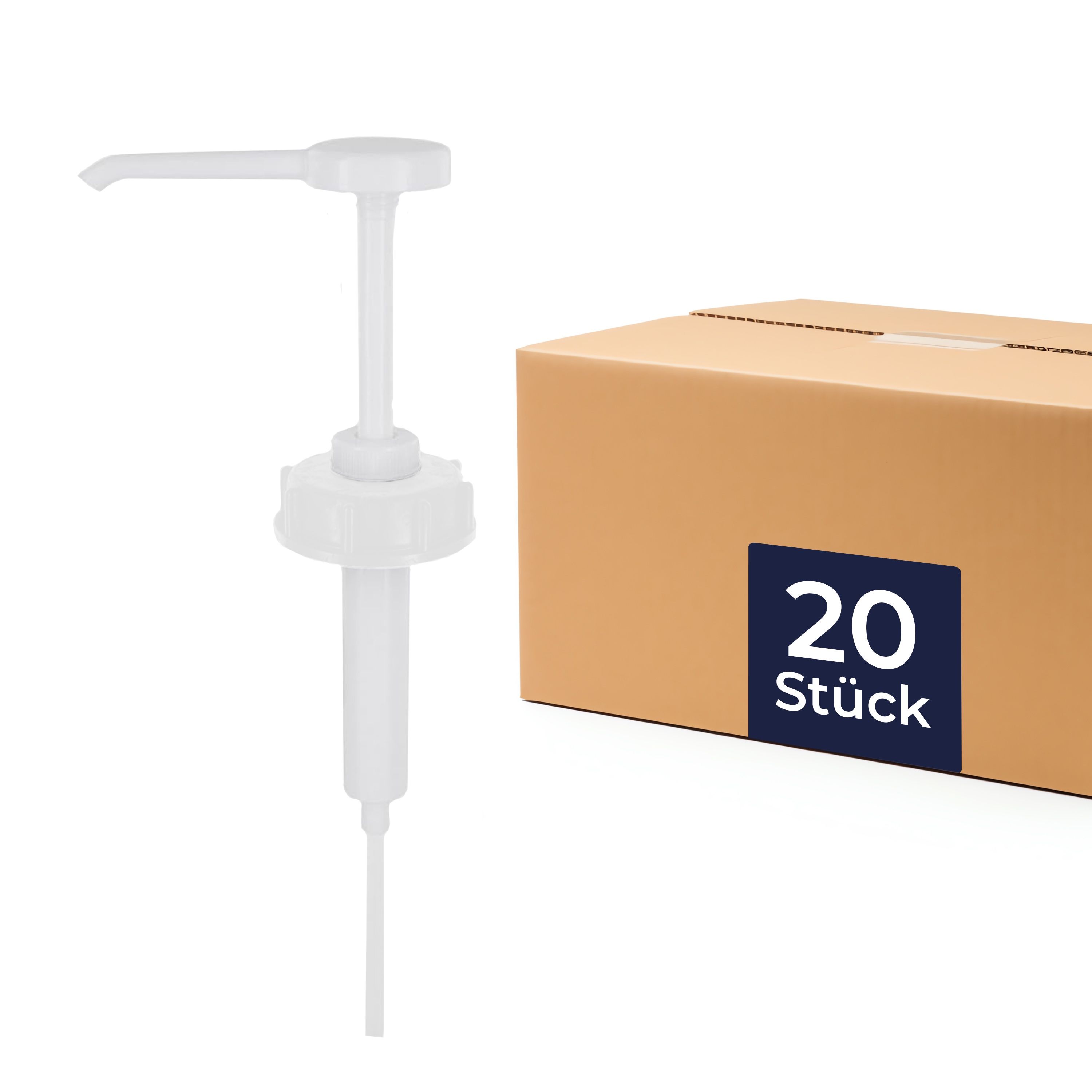 Weiße Dosierpumpe mit Ausgießer. Neben einer Pappschachtel mit Aufkleber "20 Stück".
