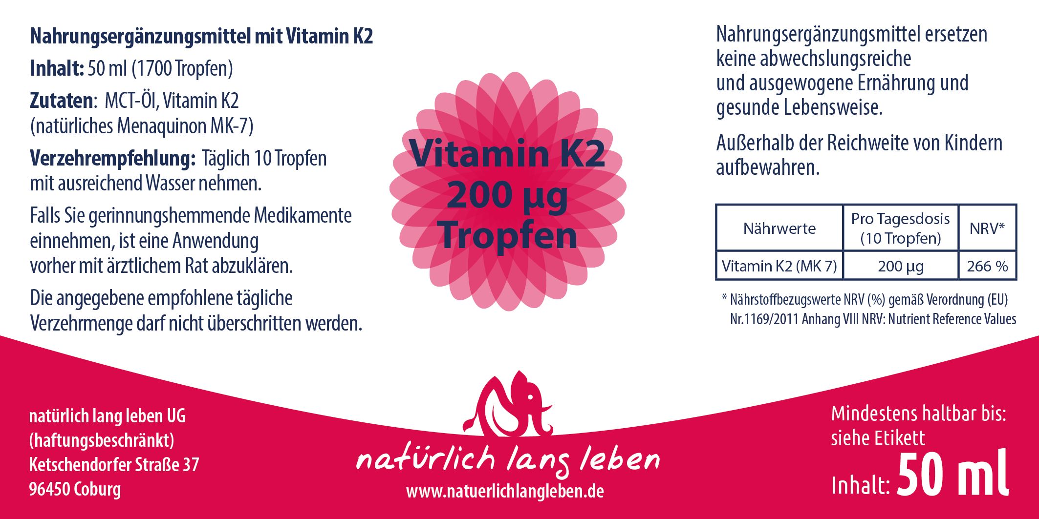 natürlich lang leben Vitamin K2 200 µg 50 ml Tropfen