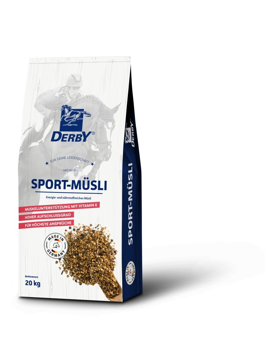 Verpackung mit "DERBY Sport-Müsli". Enthält Müsli-Mischung. "Made in Germany"-Siegel. 20 kg.