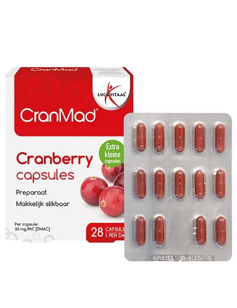 Packung Cranberry-Kapseln mit 28 Kapseln im Blister und einer Schachtel.