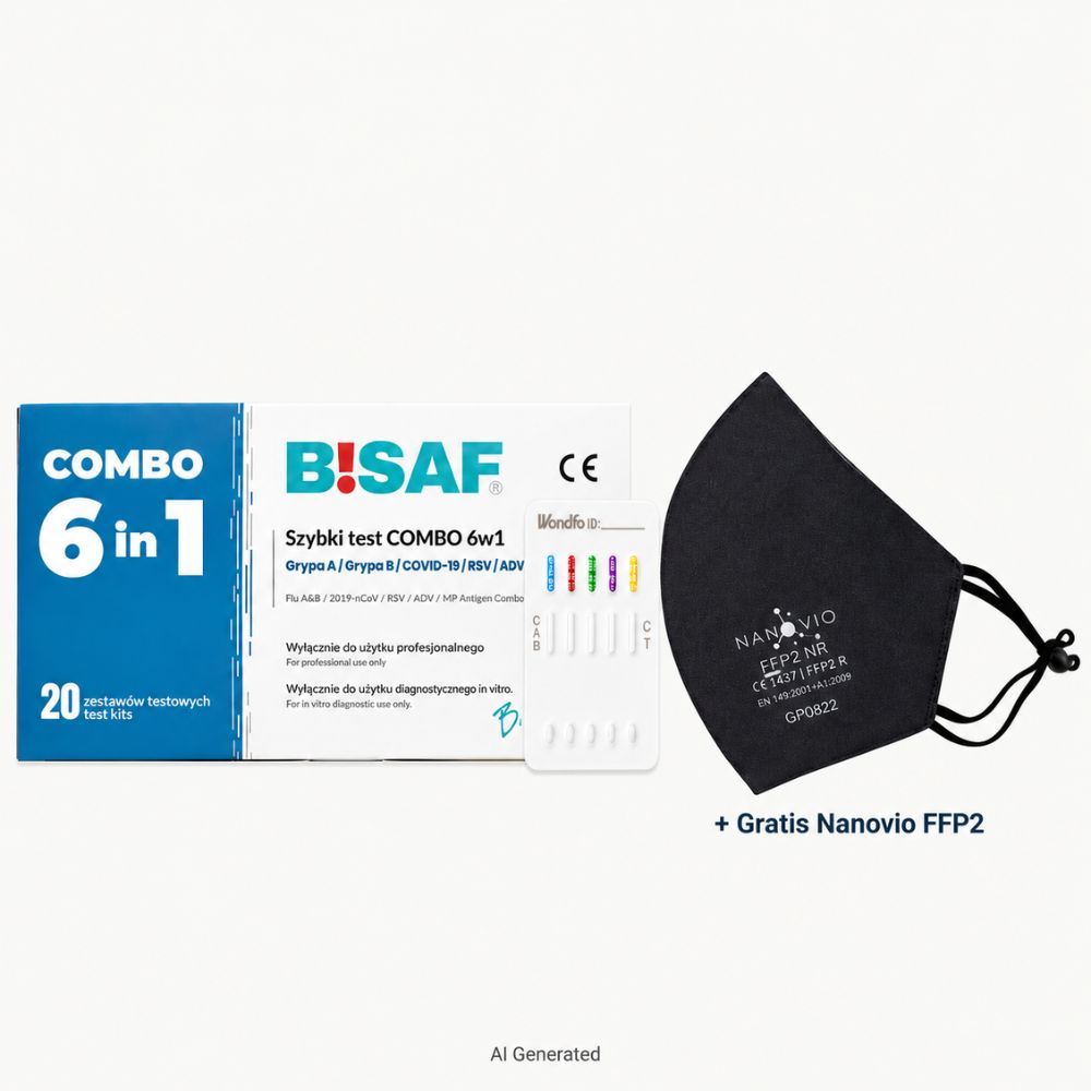 BISAF COMBO 6in1: SARS-CoV-2, Flu A/B, RSV, Adenovirus, Mycoplasma + Gratis Nanovio FFP2