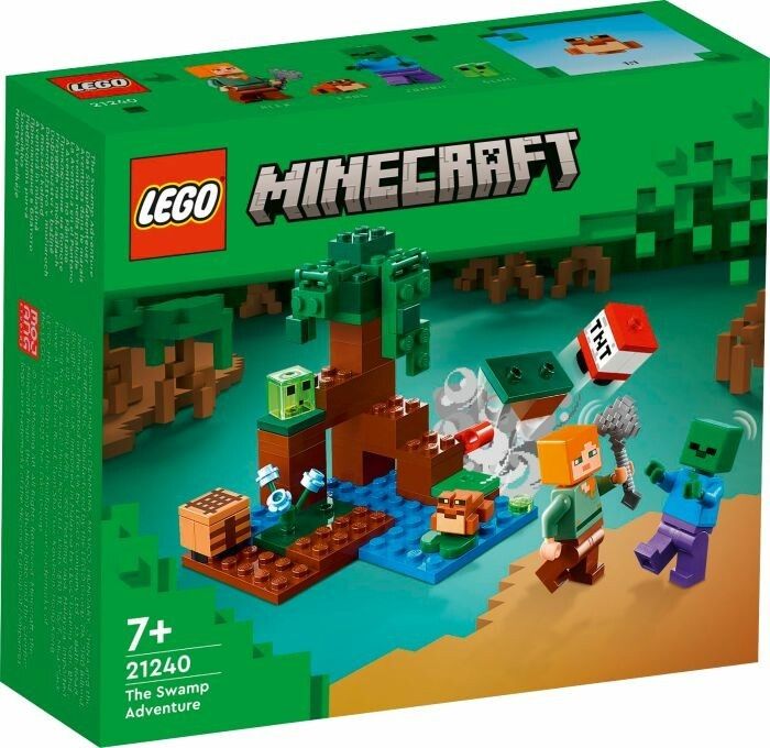 LEGO Minecraft 21240, Avventura nella Palude. Il set mostra Alex e uno zombie. La confezione verde raffigura la scena della palude con un albero, acqua, un blocco di TNT e altri elementi Minecraft. Adatto a bambini dai 7 anni in su.