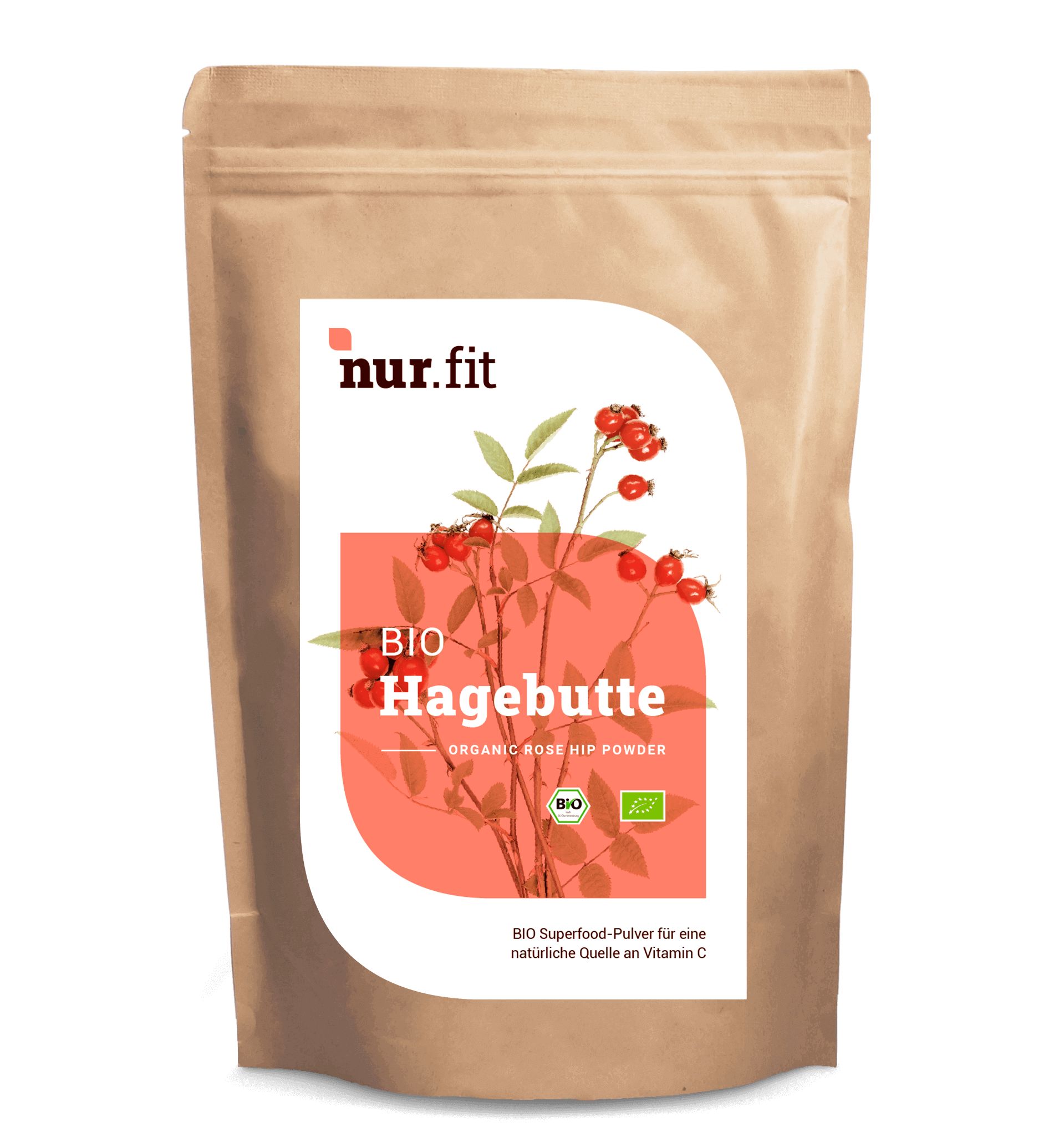 Beutel mit Bio Hagebutten Pulver. Aufdruck mit Produktname, Illustration von Hagebutten und Bio-Siegeln. Braune Papierverpackung.
