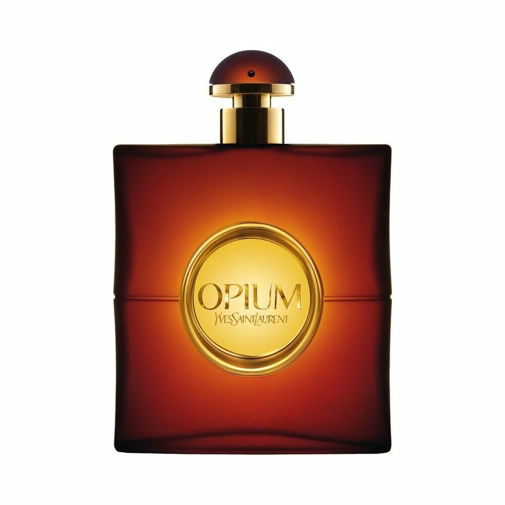 Dunkelroter Flakon mit goldenem Verschluss. Auf dem Flakon steht "Opium" und "Yves Saint Laurent".