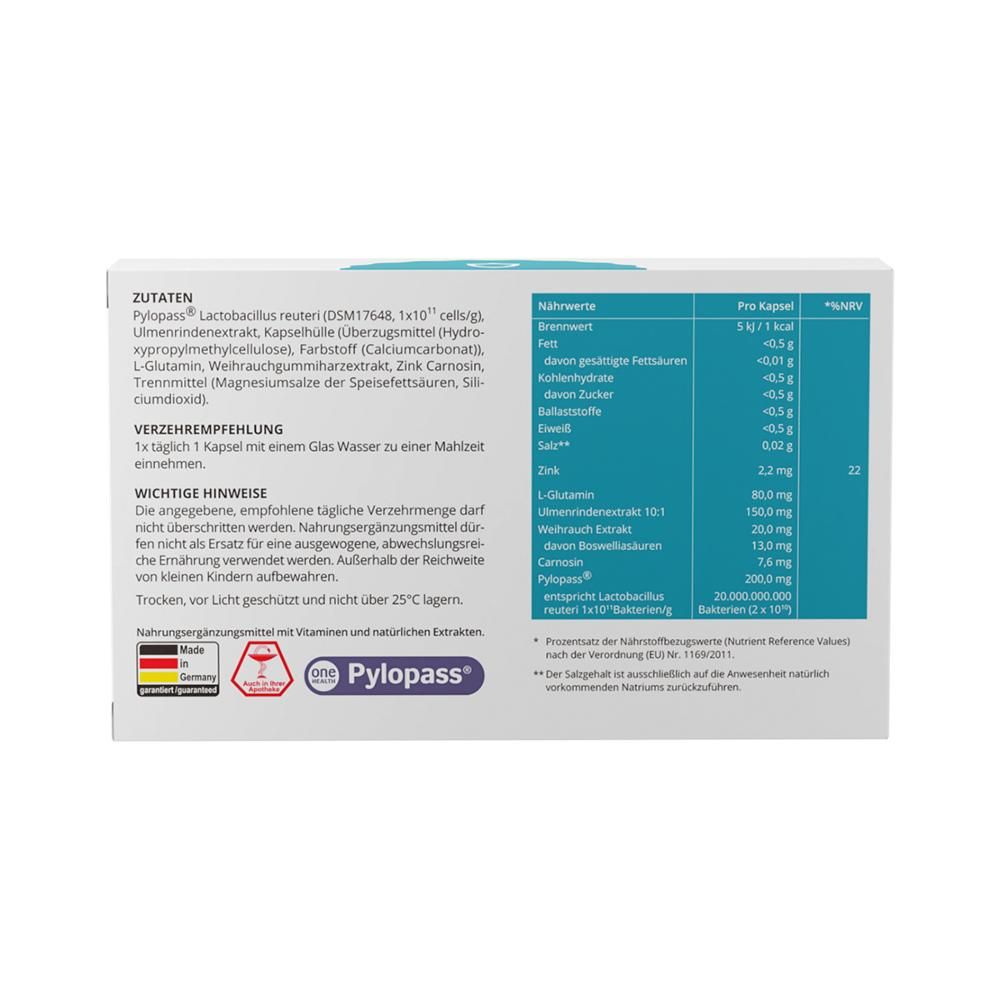 Rückseite der "PURMEO MagenVital"-Verpackung. Enthält Zutatenliste, Verzehrempfehlung und Nährwerttabelle. Mit Logo "Pylopass".