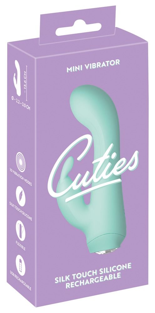 Verpackung für einen Mini-Vibrator. Lila Schachtel mit Produktbild und Text. Aufschrift 'Cuties'.