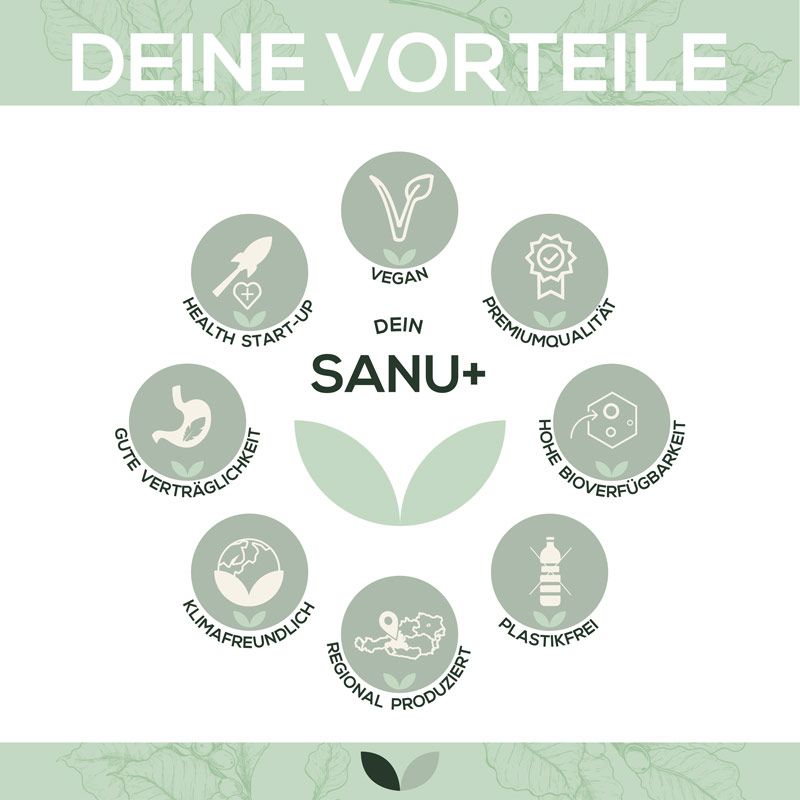 Kreisförmige Anordnung von Logos und Text. Logos: Vegan, Premiumqualität, klimafreundlich, regional produziert, plastikfrei.
