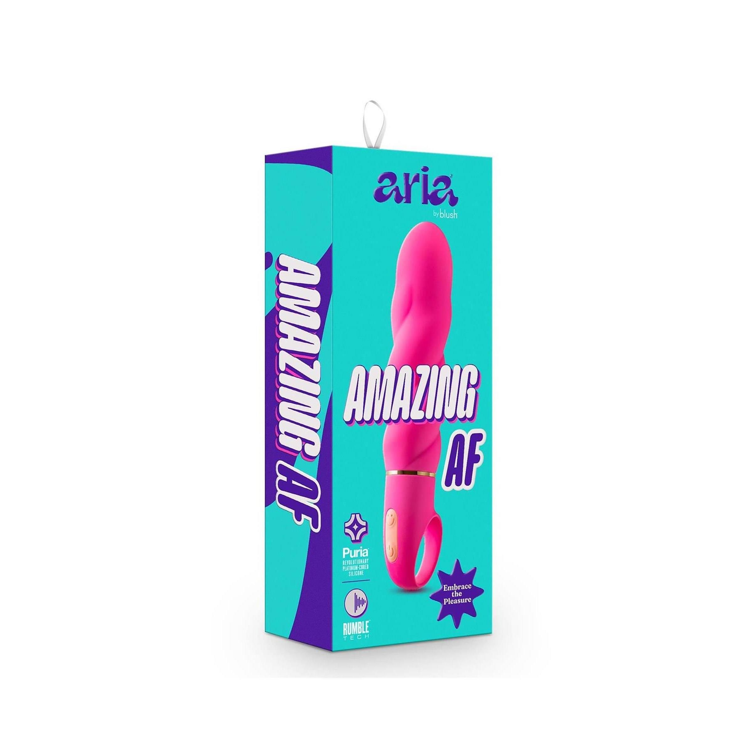 Verpackung für Wellness-Produkt. Türkis-lila Design. Text: ARIA AMAZING AF. Produktabbildung.