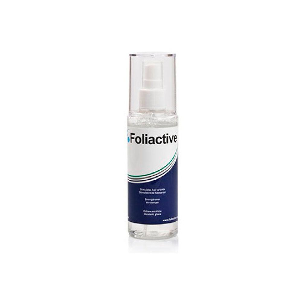 Foliactive Spray-Flasche. Transparente Flasche mit Sprühkopf. Produktname und Logo auf dem Etikett.