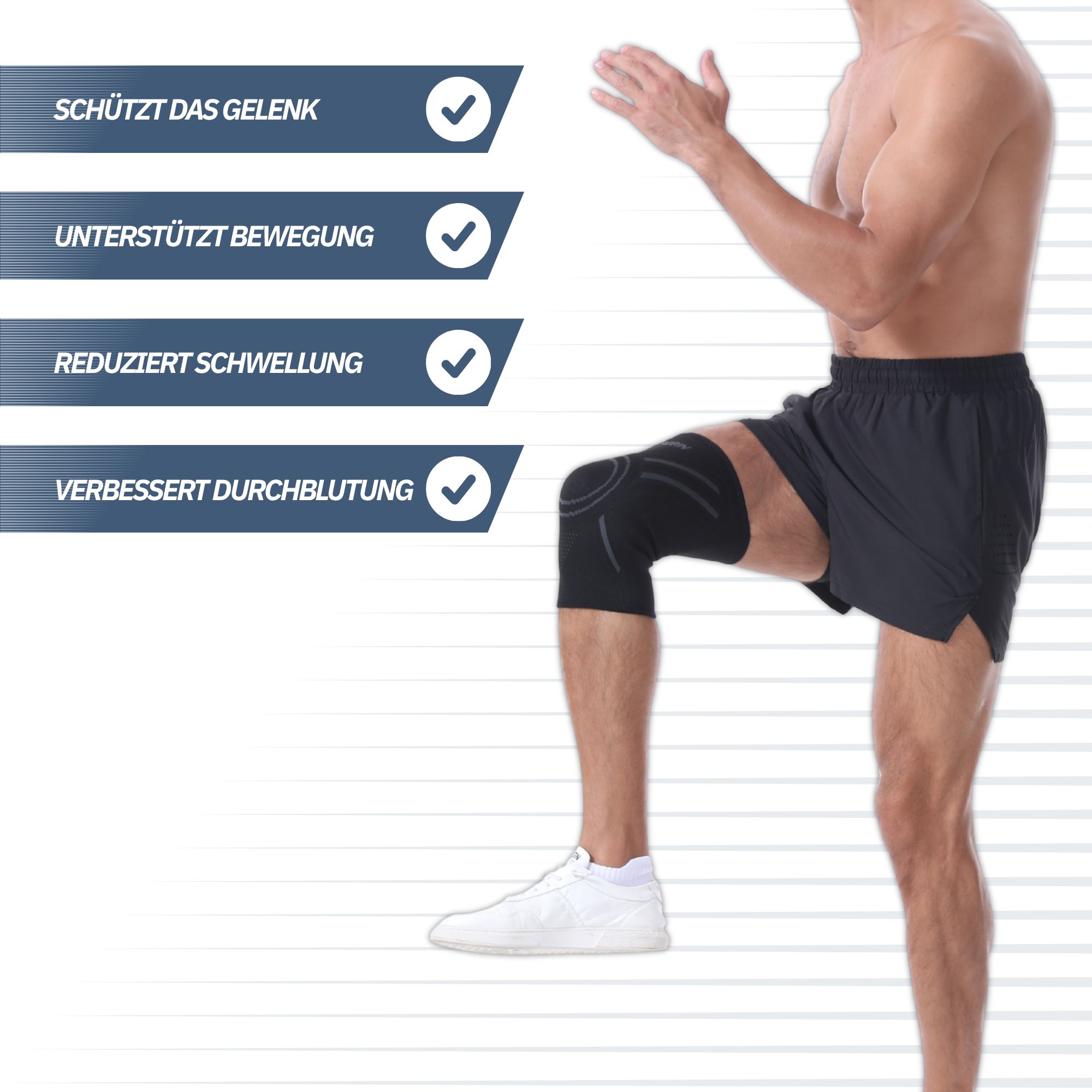 Schwarze Kniebandage mit Patella-Aussparung und Klettverschlüssen.