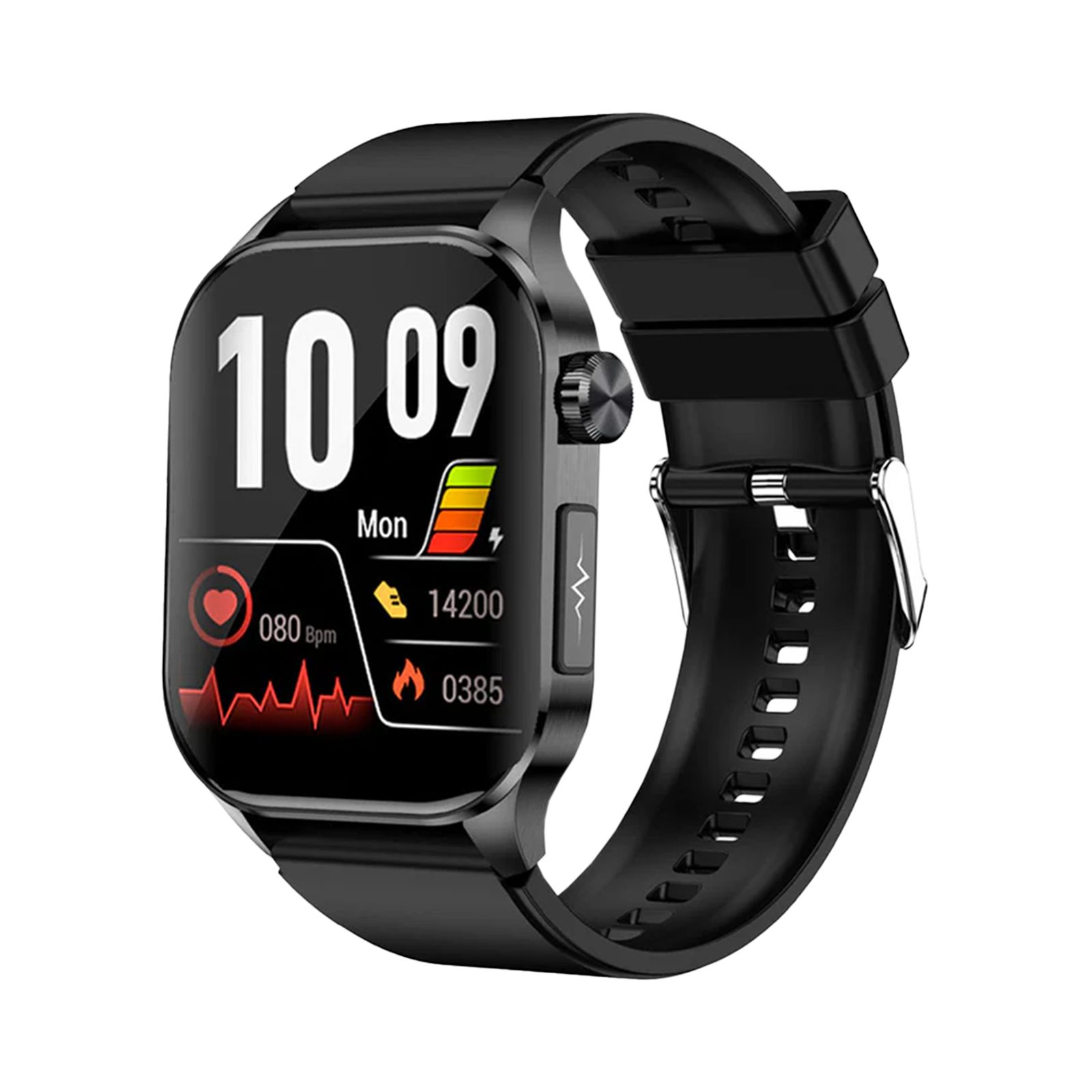 Schwarze Gesundheitsuhr mit Display. Zeigt Uhrzeit, Herzfrequenz, Schritte und Akkustand.