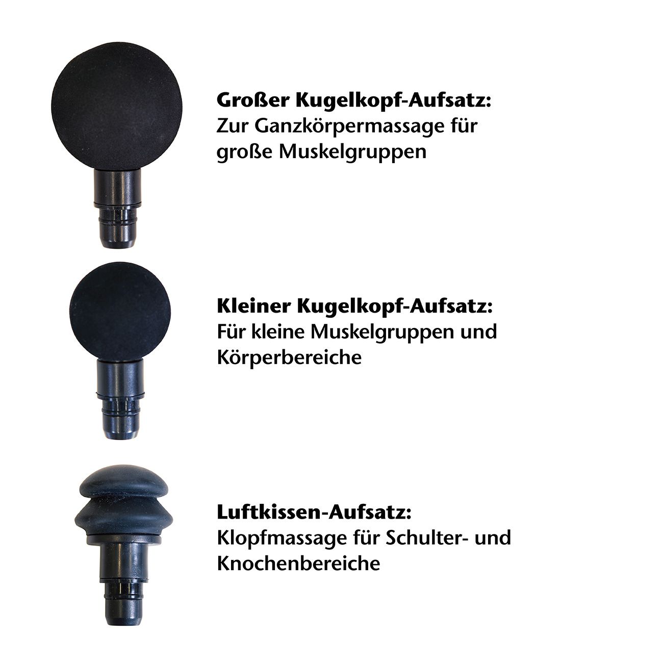 Drei Massagepistolen-Aufsätze: großer Kugel-, kleiner Kugel- und Luftkissen-Aufsatz. Schwarzes Kunststoffmaterial. Beschriftung.