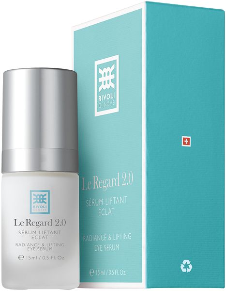 Augenserum mit silberfarbenem Deckel und türkisfarbener Verpackung. Schweizer Kreuz. Text: Le Regard 2.0, Sérum Eclat, 15 ml.