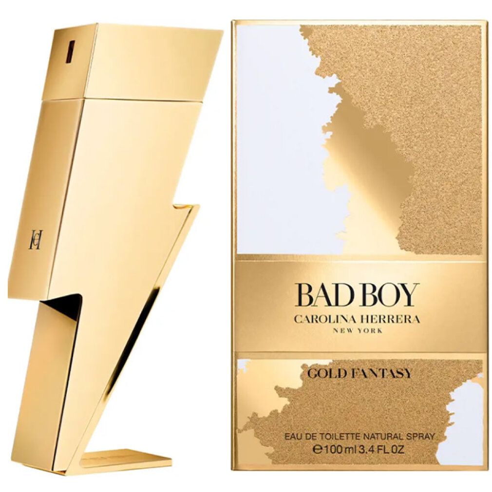 Goldfarbener Parfümflakon in Blitzform und Verpackung. Aufschrift: BAD BOY, CAROLINA HERRERA, GOLD FANTASY.