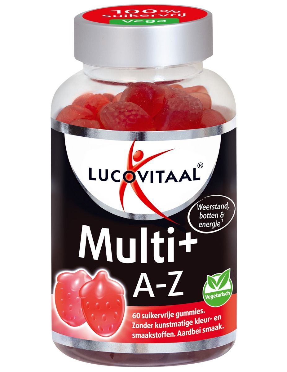 Eine Flasche 'Lucovitaal Multi+ A-Z' mit roten Gummibärchen. Enthält Text: 'Weerstand, botten & energie' und 'Vegetarisch'.