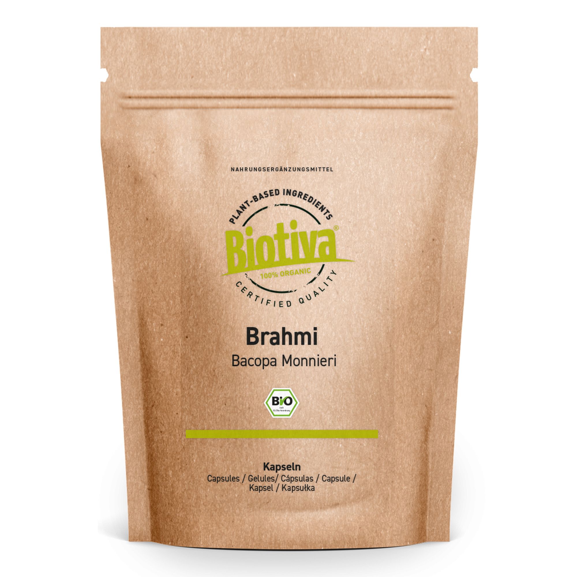 Braune Tüte mit Biotiva-Logo und Schriftzug "Brahmi". Enthält Kapseln. Bio-Zertifizierung.